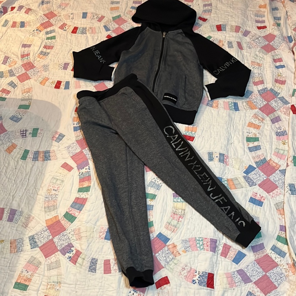 EUC Calvin Klein heather grey/black matching hoodie & jogging pants set Sz S 8